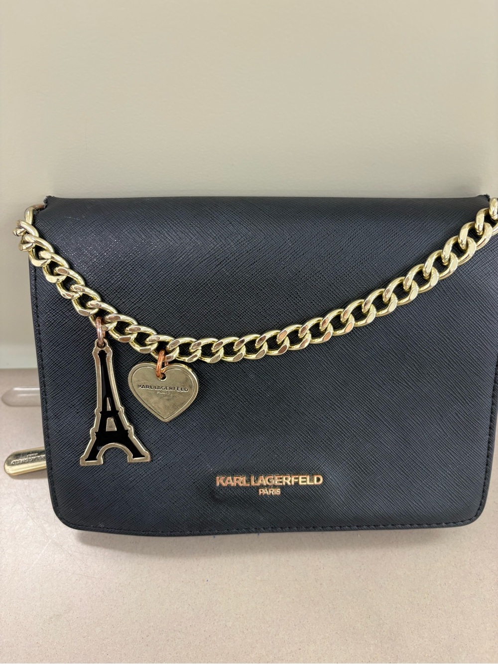 Karl Lagerfeld Paris Lourdes Saffiano Crossbody Wallet on Chain - Black & Gold